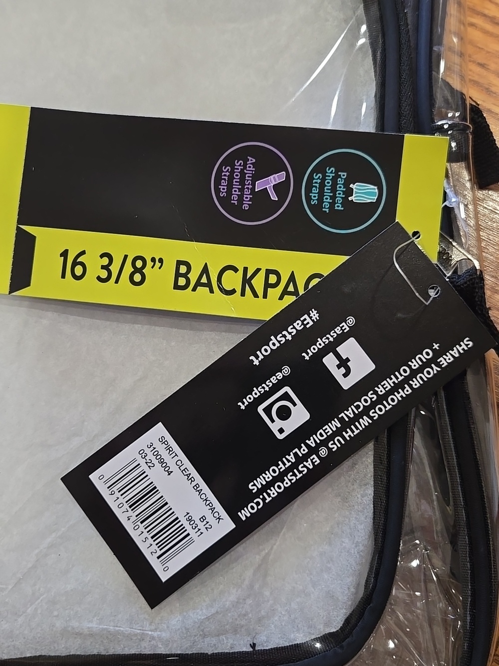 Clear Backpack with Black Straps EASTSPORT Tag - Picture 3 of 6